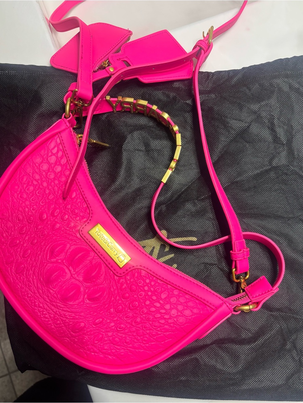 Tory Burch Neon Pink Embossed Leather Crescent Shoulder Bag with Gold Hardware